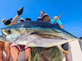 A group of anglers proudly displays their impressive catch of a large tuna, celebrating a successful fishing trip under a clear blue sky.