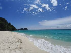 A stunning view of a pristine beach with turquoise waters and lush greenery, perfect for showcasing tropical destinations and island getaways.