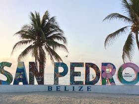 A vibrant view of the iconic San Pedro sign in Belize, framed by palm trees and the serene ocean backdrop — a perfect photo opportunity for visitors.