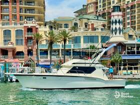 A yacht cruises through the water with a person waving from the deck, showcasing a lively boating experience against a vibrant waterfront backdrop.
