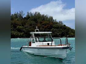 A boat navigates through turquoise waters with a driver at the helm, showcasing the beauty of a tropical destination.