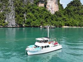 A stunning aerial view of a yacht anchored in crystal-clear waters, surrounded by lush greenery and rocky cliffs — perfect for exploring tropical destinations.