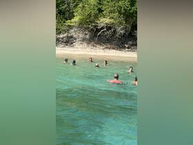 A lively group enjoys a refreshing swim in crystal-clear waters near a sandy beach, perfect for a fun day out in nature.