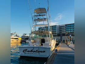 The 'Cabalero' yacht is docked at Cabo San Lucas, showcasing its sleek design and fishing capabilities, perfect for ocean adventures.