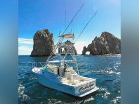 A stunning view of the Cabo Express fishing boat navigating the waters near iconic rock formations, showcasing the beauty of Cabo San Lucas.