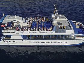 A lively group aboard the Dolphin Premium, a glass-bottom boat, enjoying a day of dolphin watching on the water.