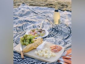 A beautifully arranged picnic spread featuring charcuterie, grapes, and desserts, perfect for enjoying a relaxing day by the water.
