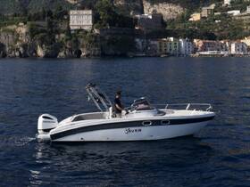 A sleek speedboat navigates the serene waters, showcasing its stylish design against a picturesque coastal backdrop.