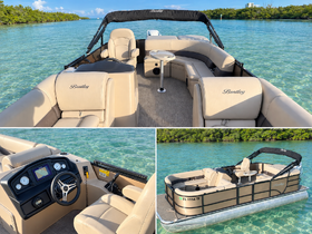 A beautifully designed interior of a Bentley pontoon boat, showcasing comfortable seating and a well-equipped helm, perfect for leisurely outings on the water.