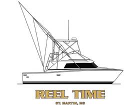 A detailed illustration of the 'Reel Time' yacht, showcasing its sleek design and fishing capabilities, perfect for deep-sea adventures in St. Martin.