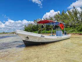 A picturesque view of the 'Laia' boat anchored in shallow waters, surrounded by lush greenery and a vibrant blue sky — perfect for exploring the beautiful coastline.