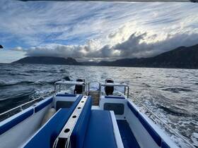 A scenic view from the back of a boat cruising through open waters, showcasing the stunning coastline and dramatic sky.