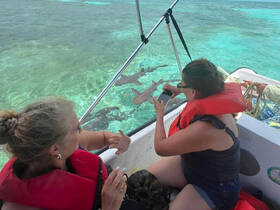 Two women observe and photograph sharks swimming beneath their boat, showcasing an exciting wildlife encounter in crystal-clear waters.