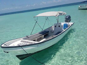 A picturesque view of a boat anchored in crystal-clear waters, perfect for exploring the beautiful coastline or enjoying a day on the water.