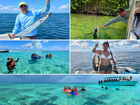 A vibrant day of fishing and snorkeling in crystal-clear waters, featuring a group enjoying various activities, including catching fish and swimming, making it a perfect adventure on the water.