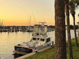 A beautiful sunset view of the 'Viajero' boat docked at the marina, surrounded by palm trees and calm waters, perfect for a serene evening on the water.