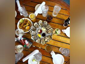 A vibrant spread of fresh oysters, cocktails, and fries on a wooden table, perfect for enjoying a seaside dining experience.
