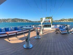 A beautifully designed lounge area on a boat, featuring comfortable seating and stunning views of the water, perfect for relaxation and social gatherings.