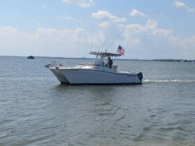 A sleek speedboat navigates through calm waters, showcasing its design and American flag, perfect for a day on the water.