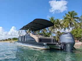 A sleek pontoon boat anchored in clear waters, showcasing its stylish design and Yamaha engine, perfect for leisurely days on the water.
