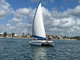 A catamaran sails through clear waters with a picturesque coastal backdrop, showcasing the perfect setting for a day on the water.