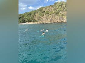 A group of snorkelers explores the vibrant underwater world in clear waters, surrounded by stunning coastal scenery — a perfect adventure for ocean lovers.