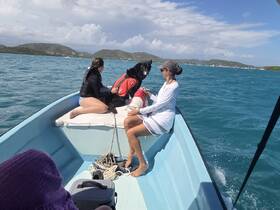 A fun day on the water with friends and a dog, enjoying the scenic views while cruising on a boat.