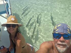 A couple enjoys a sunny day in clear waters, surrounded by fish while snorkeling — a perfect adventure for marine life enthusiasts.