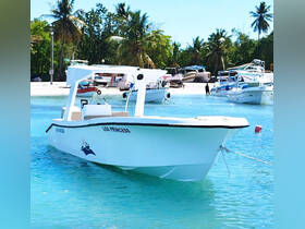 The 'Lisa Princess' speedboat is docked in clear turquoise waters, surrounded by palm trees and other vessels, showcasing a perfect day for boating.