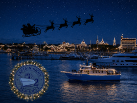 A festive scene featuring the 'Sea Love II' boat adorned with holiday lights, cruising through a beautifully illuminated harbor at night, perfect for seasonal celebrations.