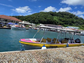 A vibrant speedboat docked at a picturesque harbor, surrounded by lush greenery and other vessels, perfect for exploring coastal destinations.