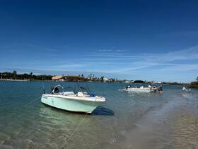 A lively group enjoys a day at the beach with two boats anchored nearby, perfect for family fun and water activities.