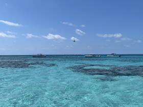 A serene view of several boats anchored in crystal-clear turquoise waters, showcasing the beauty of a tropical marine environment.