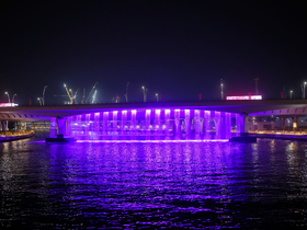A nighttime view of a bridge illuminated with purple lights over water, creating a vibrant reflection. The scene captures the essence of urban nightlife.