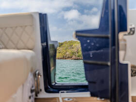 An unclear view from inside a boat looking out towards a green landscape, with no identifiable subjects or activities.