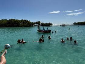 A lively group enjoys a fun day swimming and snorkeling in the clear turquoise waters surrounded by mangroves — a perfect tropical getaway.