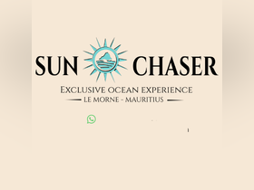 Logo for 'Sun Chaser', an exclusive ocean experience in Le Morne, Mauritius, featuring contact information for inquiries.