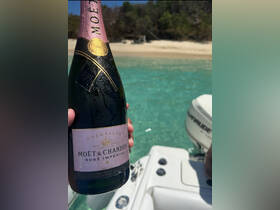 A refreshing bottle of Moët & Chandon Rosé Imperial champagne is showcased against a stunning beach backdrop, perfect for celebrating special moments on the water.