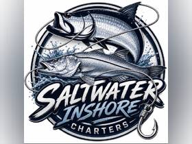 A stylized logo featuring two fish and fishing hooks, representing Saltwater Inshore Charters, ideal for fishing enthusiasts.