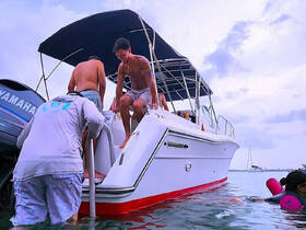 A lively group enjoys water activities as they board a boat, showcasing the fun and excitement of a day on the water.