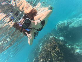 A snorkeler gives a thumbs up while exploring vibrant underwater coral, showcasing the excitement of marine adventures.