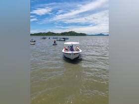 A motorboat navigates through calm waters with other boats in the background, showcasing a vibrant day on the water.