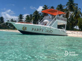 A vibrant party boat anchored in crystal-clear waters, surrounded by palm trees, perfect for fun-filled excursions and celebrations.