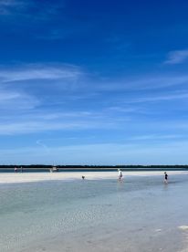 A family enjoys a sunny day at the beach, walking through shallow waters with their dog, while a boat is anchored nearby — a perfect scene for a relaxing day on the water.