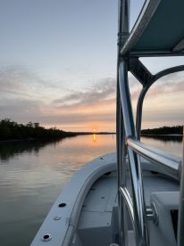 A serene sunset view from the deck of a boat, showcasing the tranquil waters and lush surroundings — perfect for evening cruises.