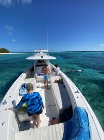 A lively group enjoys a day on the water, with activities like swimming and snorkeling aboard their boat in crystal-clear waters.