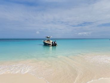 A sleek boat approaches the shore in crystal-clear waters, showcasing a perfect day for boating adventures in a tropical paradise.