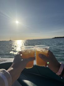 Two hands raise cocktails against a stunning sunset backdrop, capturing a moment of celebration on the water — perfect for romantic evenings or special occasions.
