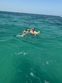 Two snorkelers enjoy a vibrant underwater adventure, showcasing the fun of swimming in crystal-clear waters. Perfect for family outings or aquatic explorations.