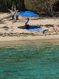 A serene beach scene featuring a person sunbathing under a blue umbrella, perfect for relaxation and enjoying the sun by the water.